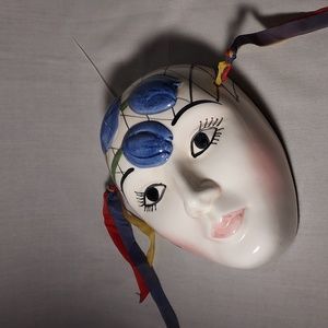 Vintage Hand Painted Ceramic Carnival Wall Mask Blue Flowers Design